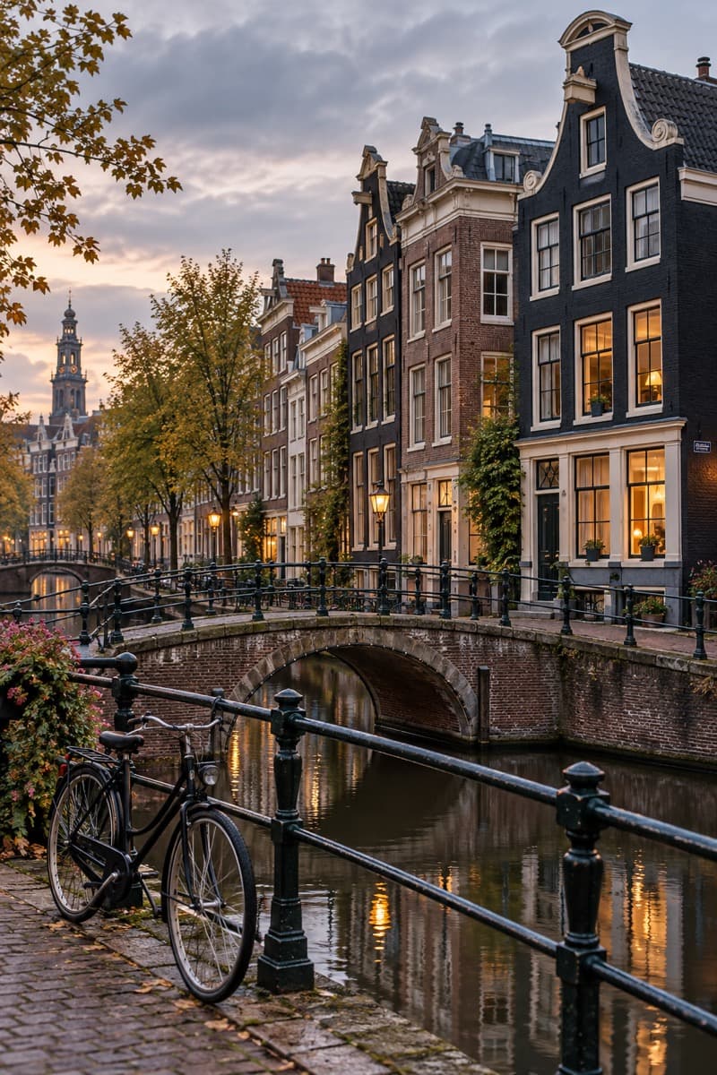 Amsterdam kanalında tuğla evler, küçük köprü ve bir bisiklet